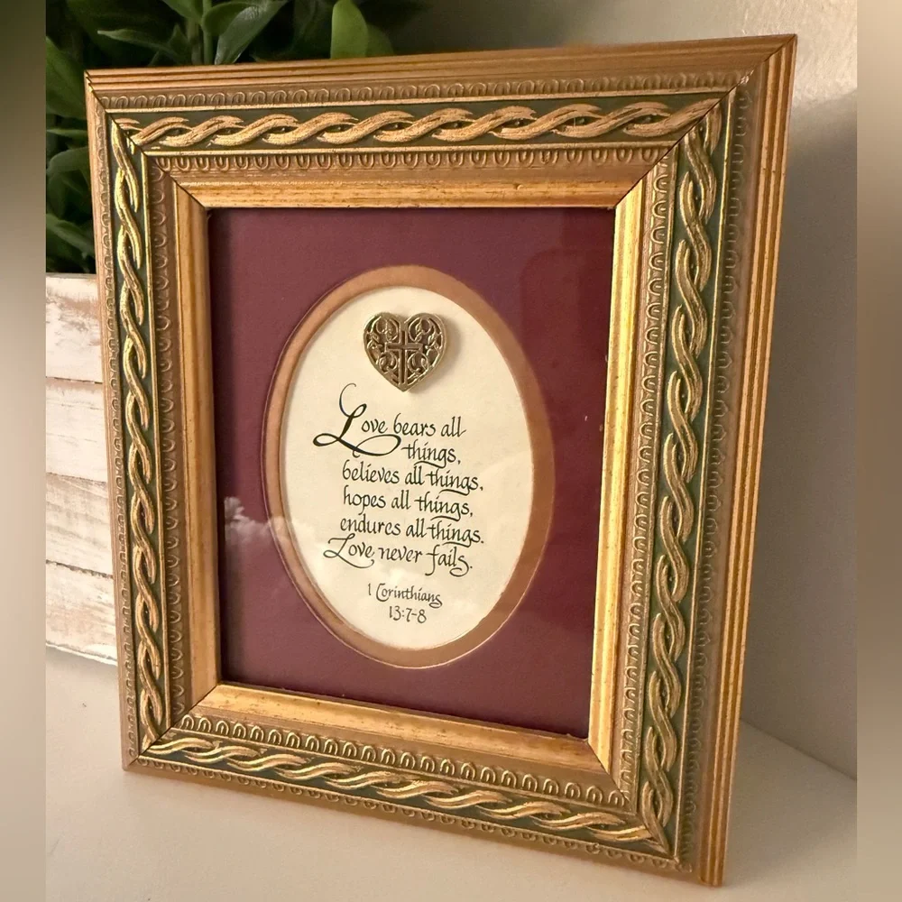 Bible Verse from 1 Corinthians 13:7–8 in an Ornate GoldTone Frame w/Burgundy Mat